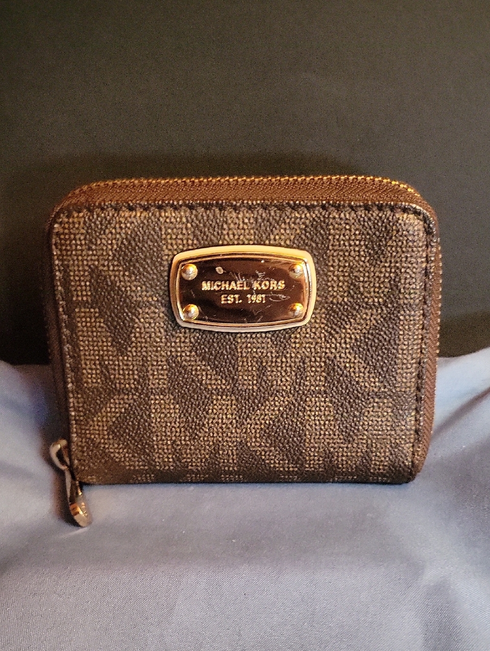 Michael Kors Brown Monogram Zip Card Case with Gold Plate